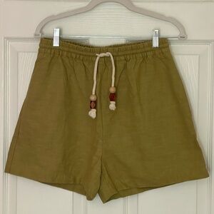 Olive Green Linen Shorts w/ Beaded Drawstring